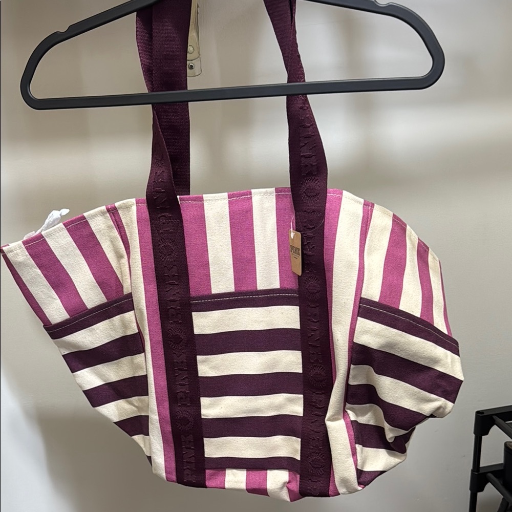 Striped Canvas Tote Bag - Purple/Pink and Cream